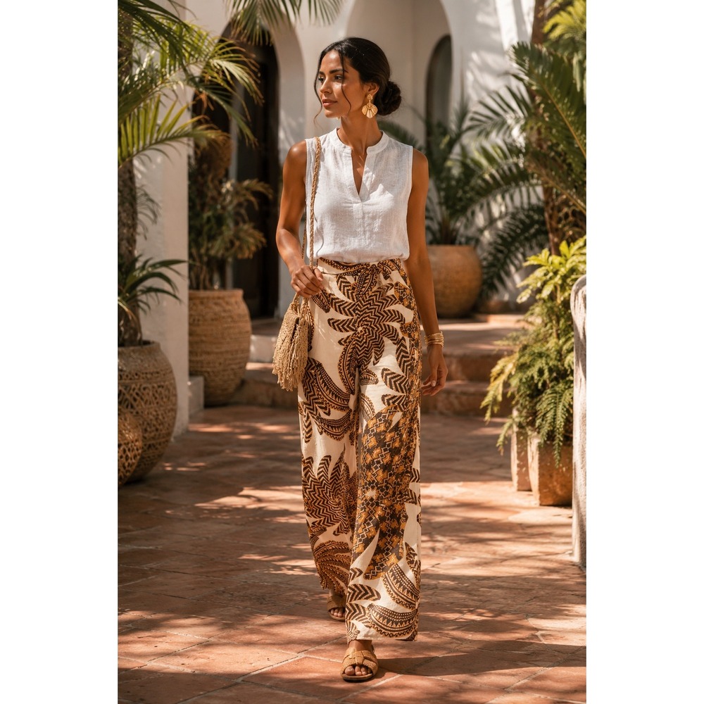Farm Rio Yawanawa Banana Leaves Wide Leg Tropical Resort Pants S Cream